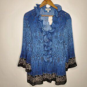 Dressbarn Womens Blue Paisley Crinkle Blouse Size 1X Ruffled Career Art To Wear